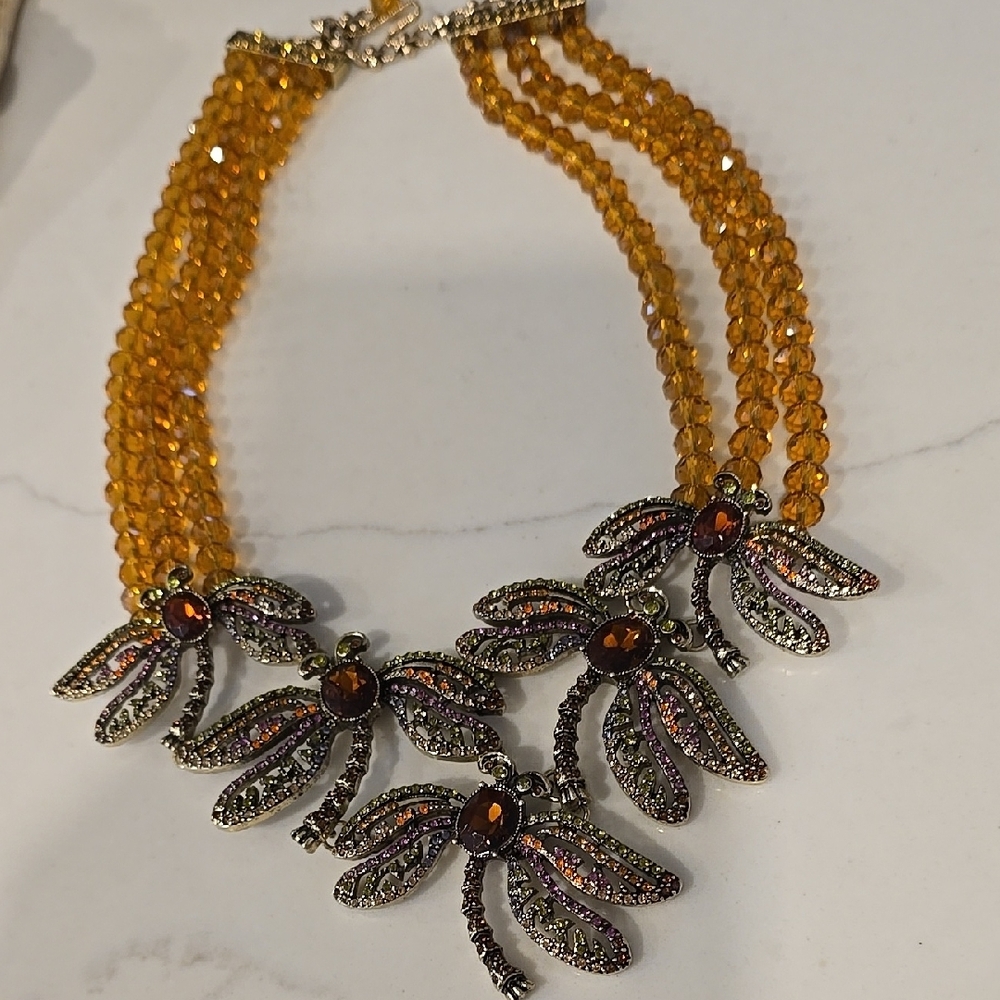 Elegant Dragonfly Necklace with Amber Beads
